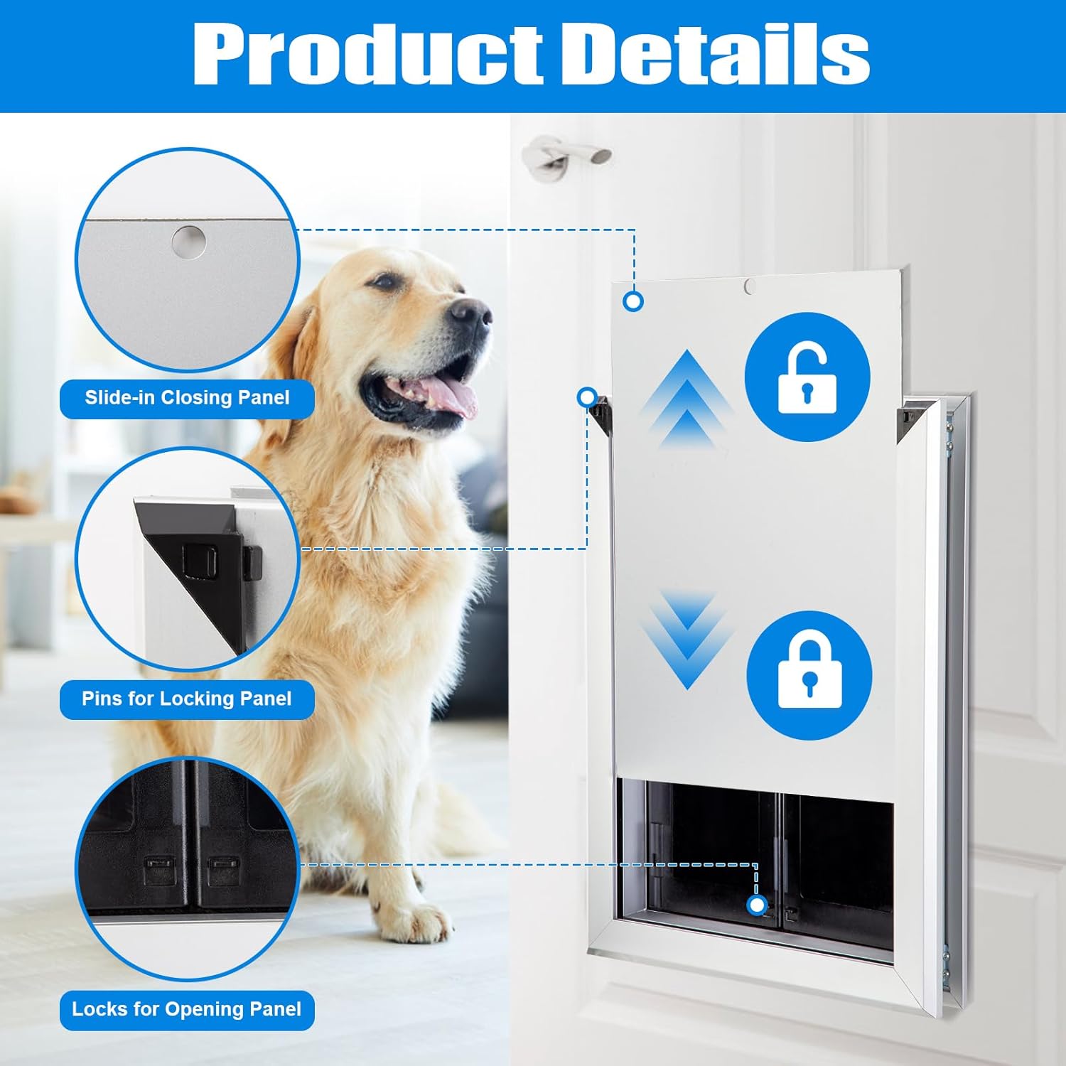 Aluminum Pet Door with Panels,Durable Dog Door with Automatic Closing Magnetic Flaps, Slide-in Panel & 4 Security Locks, Ideal for Interior and Exterior Doors, Screen and Wall, Medium, Sliver