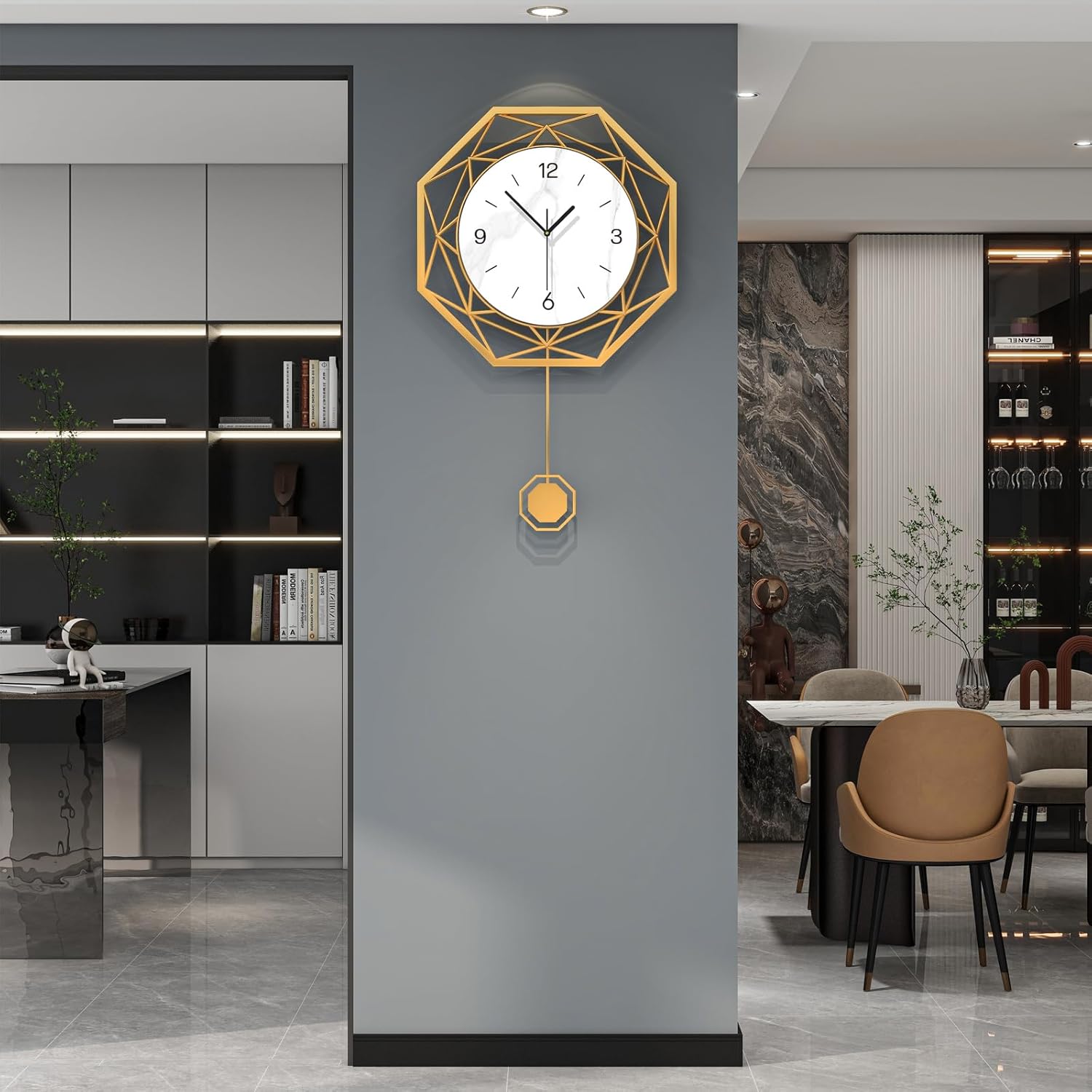 Large Wall Clock Decorative Pendulum Wall Clock Battery Operated Silent Quality Quartz Black Modern Clock for Living Room,Bedroom,Kitchen,Dining Room,Office,School,Home Decor,12.9x22.8inch
