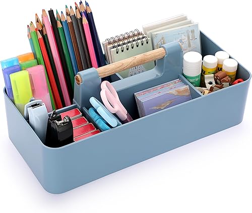 BTSKY Organizador de almacenamiento portátil de plástico apilable, organizador de almacenamiento dividido para manualidades con mango de madera para