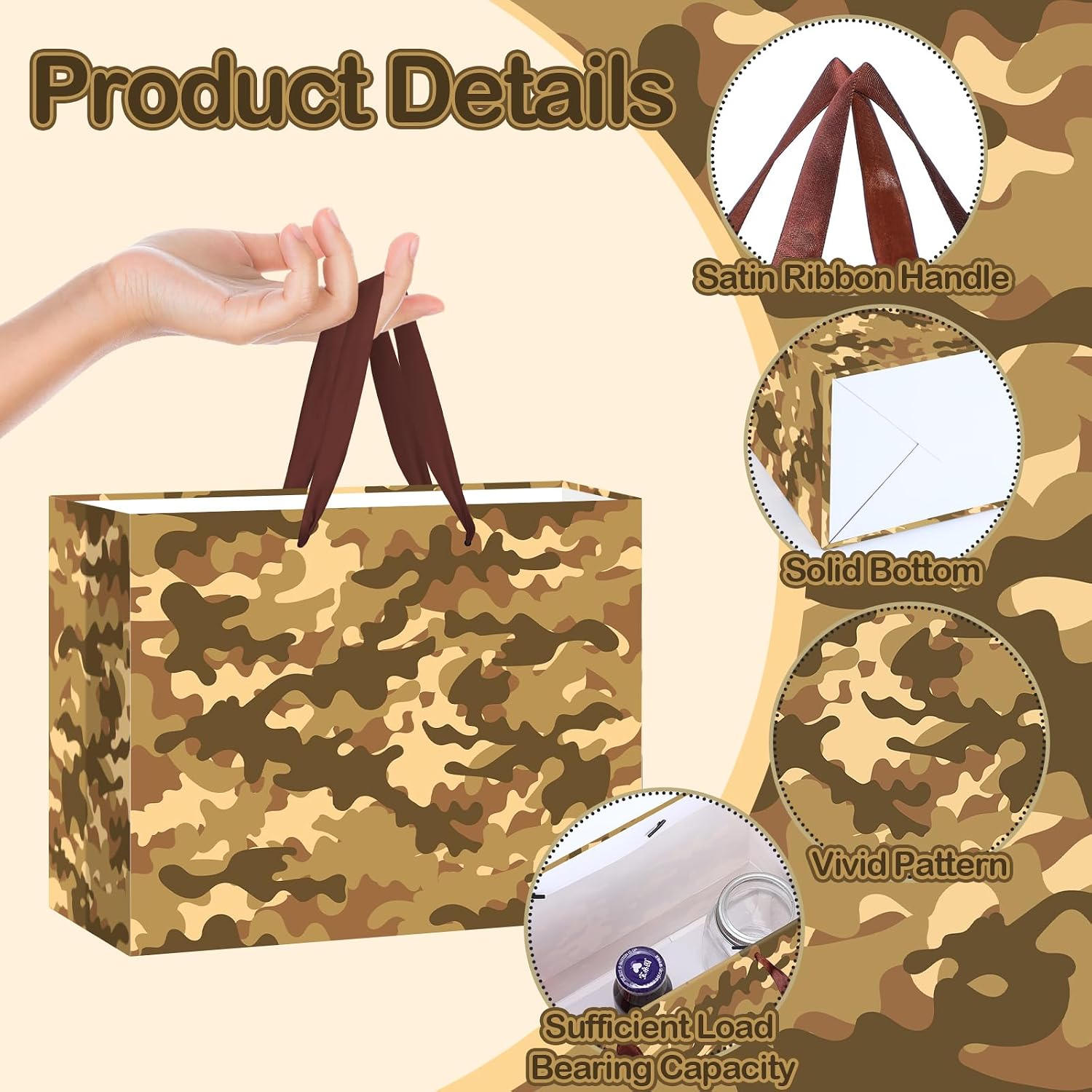 Camouflage Birthday Gift Bags Brown Camo Gift Bag with Wrapping Paper and Card Large Camouflage Wrapping Paper Bag with Handle Army Party Supplies for Boys Girls Veterans Baby Shower Birthday