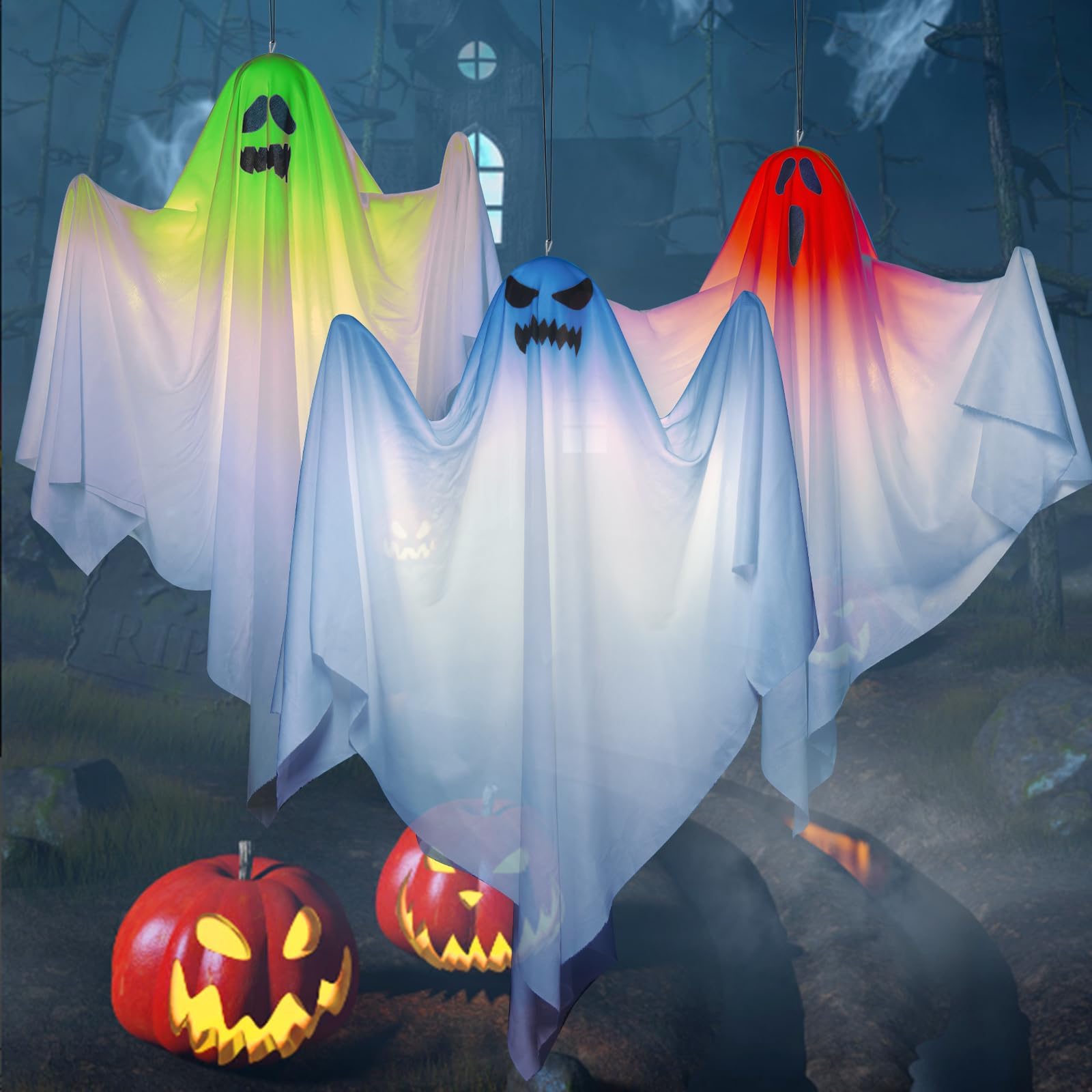 27.5 Inch Halloween Hanging Ghosts, Light Up Ghost for Halloween Outdoor Decorations Front Yard Porch Garden Trees Glow in The Dark Flying Ghost Decor Supplies (3Pack)