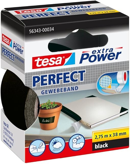 tesa extra Power Perfect Cloth Tape - Fabric-Reinforced Repairing Tape for Crafting, Repairing, Fastening, Reinforcing and Labelling - Black - 2.75 m x 38 mm