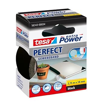 tesa Extra Power Perfect Cloth Tape - Fabric-Reinforced Repairing Tape for Crafting, Repairing, Fastening, Reinforcing and Labelling - Black - 2.75 m x 38 mm