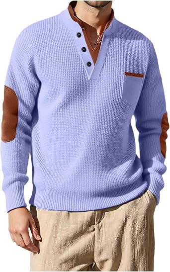 Waffle Knit Henley Sweatshirts for Men Fall Winter Long Sleeve Notch V Neck Pullover Thermal Shirt with Elbow Patches Purple