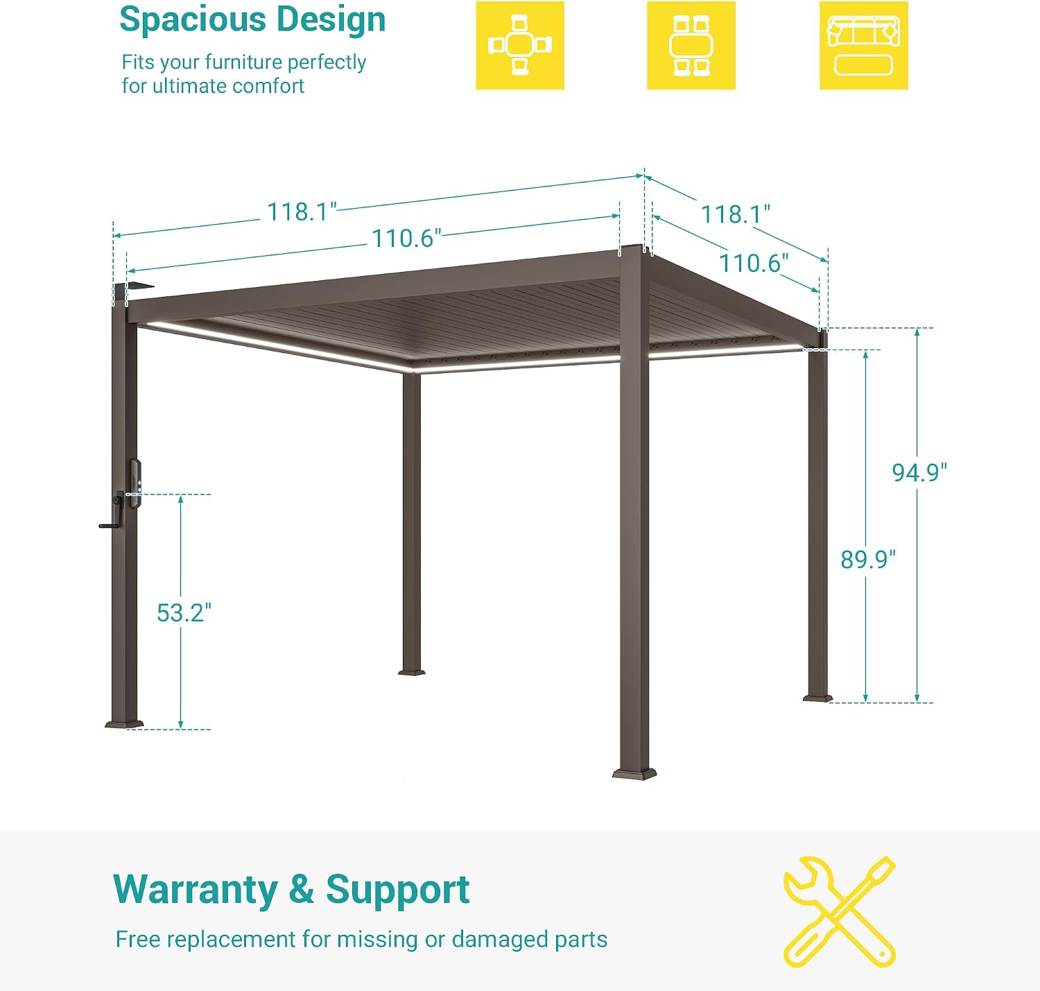 Louvered Pergola with LED Lights, 10x10 Ft Outdoor Metal Pergolas with Adjustable Louvered Roof, Waterproof Drainage System, Easy Assembly for Patio, Garden, Deck, Backyard(Brown)