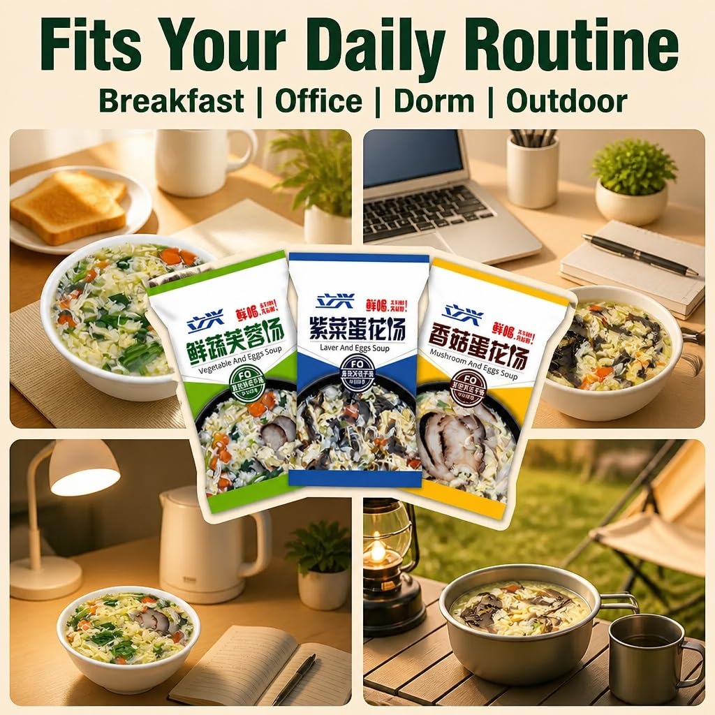 Paquete De 30 Mezclas Sopa Instantánea: Huevo Verduras, Algas Y Champiñones, Liofilizado, Fácil Preparación, 3 Sabores