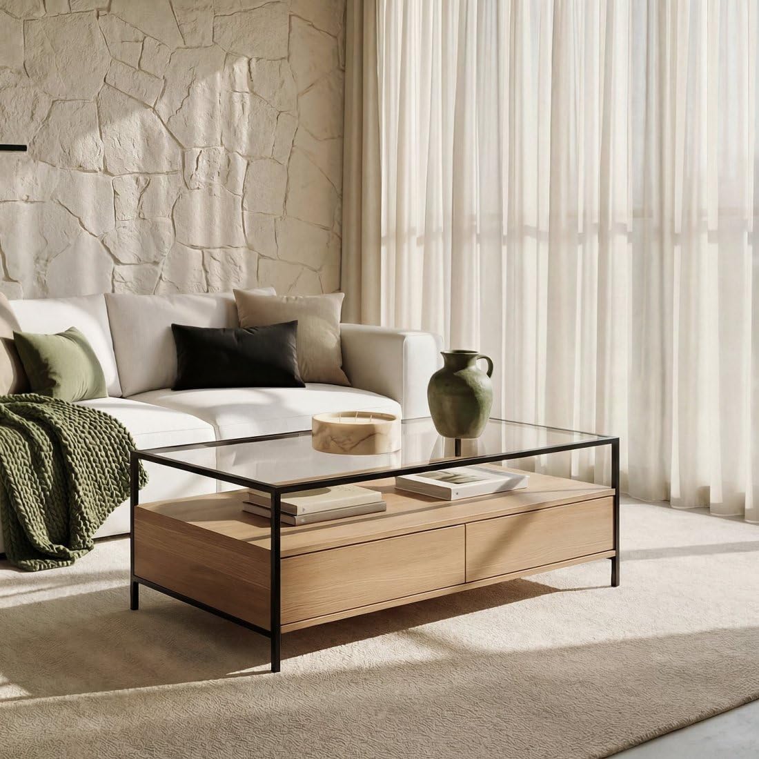 KLAST Mesa de Centro Petra, MDF, Melamina, Cristal Templado, Natural, Estilo Industrial, con Almacenaje, con Cajones, 40 x 120 cm
