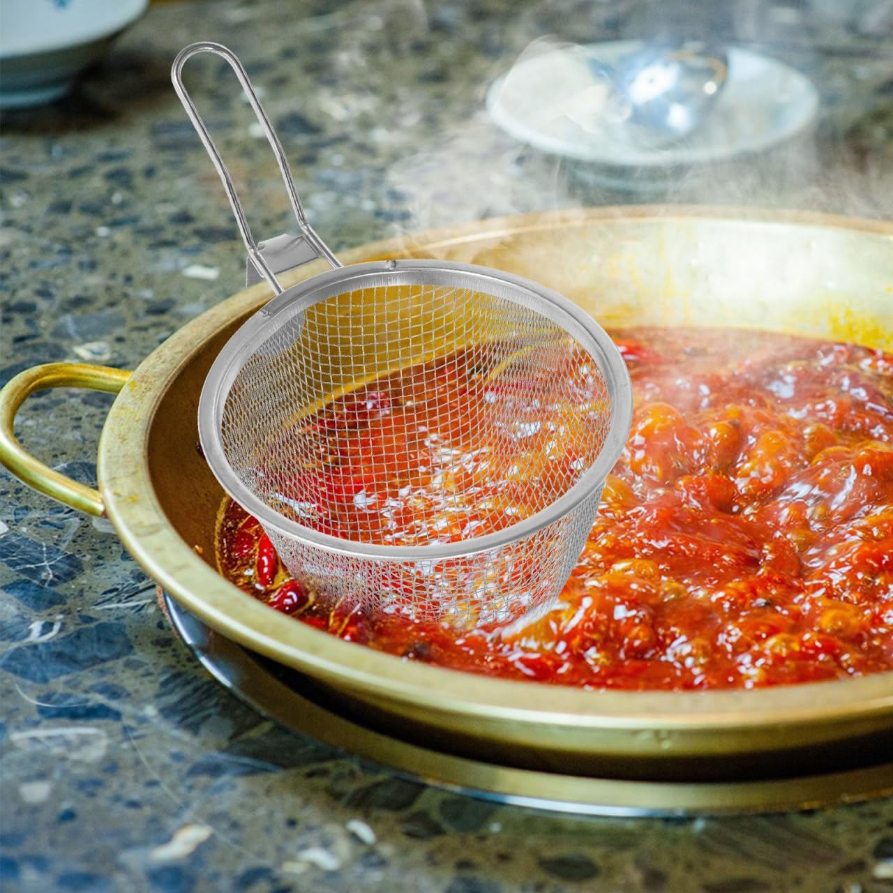 Toyvian Stainless Steel Hot Pot Basket 2 pcs Fine Mesh Strainer for Noodles Pasta Dumplings Boiling Blanching Home Kitchen and Restaurant Use