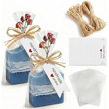100 Pcs 4.7x7" Plastic Cellophane Bags with 131ft Raffia Ties & 100 Pcs "Handmade with Love" Tags, Clear Goodie Treat Wrappers for Wrapping Homemade Soap Craft Gift Wedding Cookies Candy Snack Party Bakery Favors Christmas White Tags