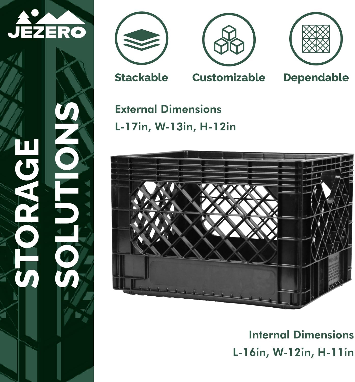 JEZERO 20 Quart Heavy Duty Plastic Crate | Stackable Multi-Purpose Storage Bin for Garage, Home, Office, Groceries, Outdoor, Camping & Kayaking | Black Utility Tote, 17" x 13" x 11" - Image 2