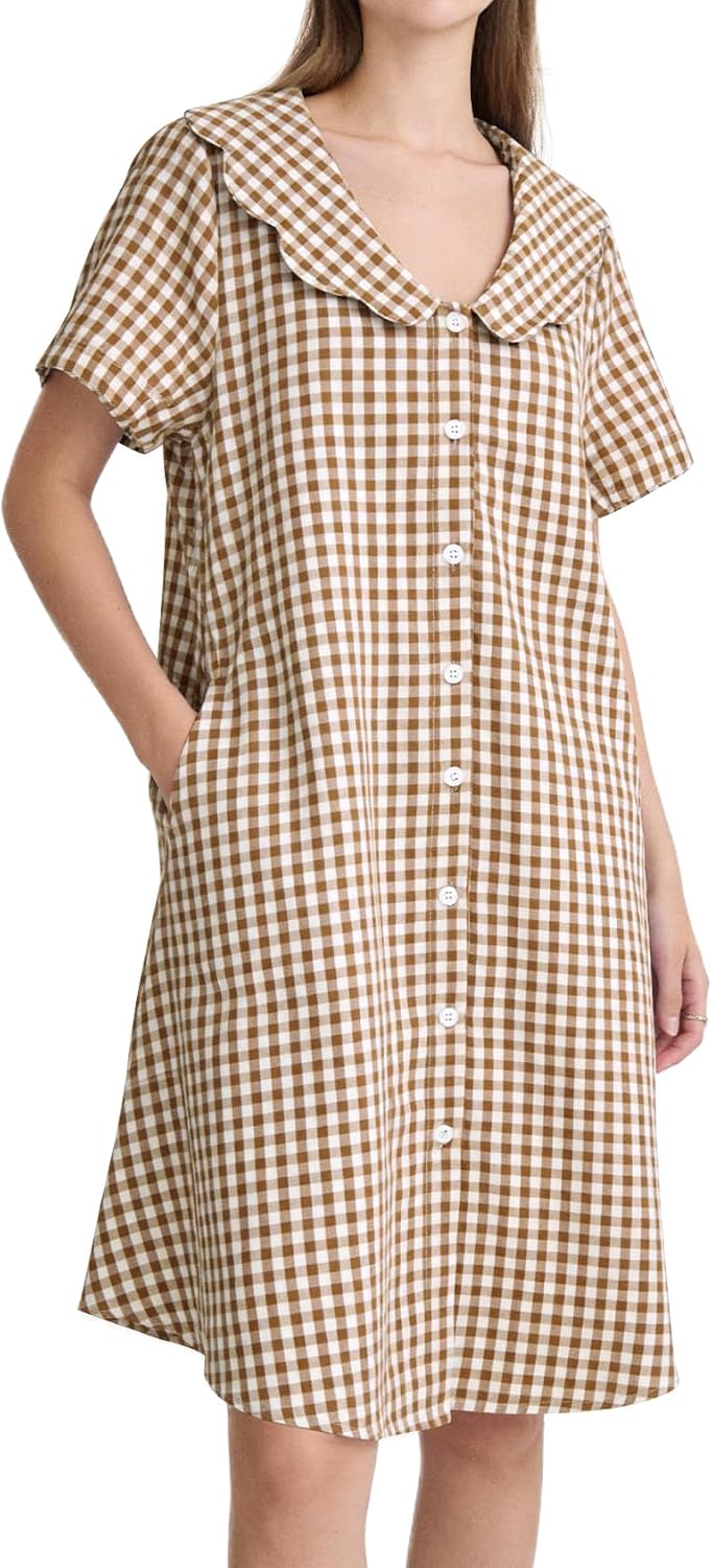PEHMEA Nightgowns for Women Button Down Sleepshirt Cotton Gingham Night Gown Cute Short Sleeve Pajama Dress with Pockets