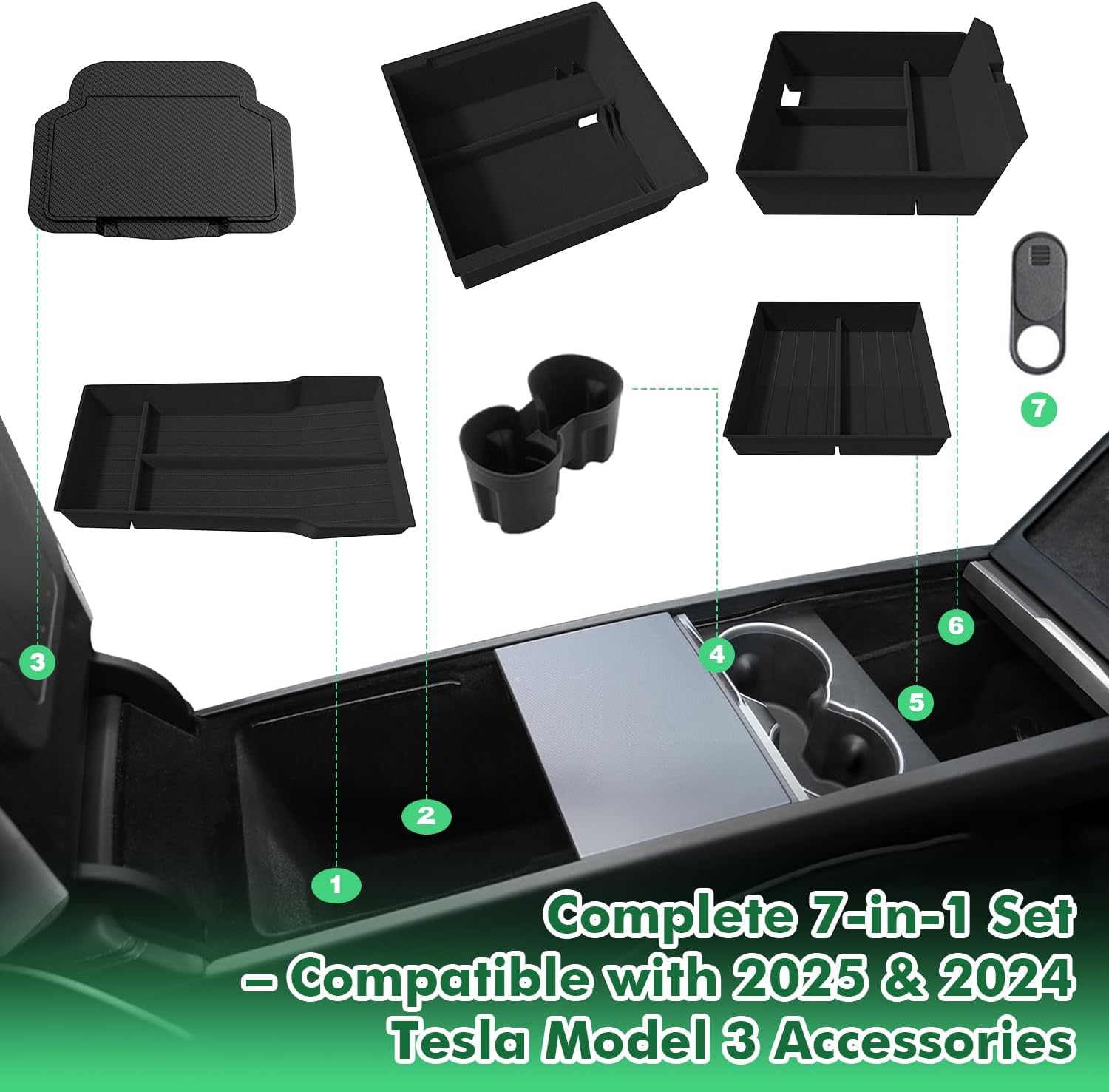 7PCS Center Console Organizer Tray Compatible with Tesla Model 3 Accessories 2025 2024, Custom Fit Console Organizer Kit with Armrest Hidden Box, Cup Holder, and Charging Pad