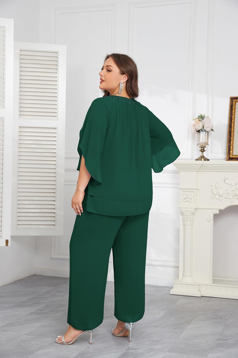 Hanna Nikole Mother of Bride Pant Suits Plus Size Half Sleeve 2 Piece Chiffon Pantsuit Formal Wedding Guest Outfit - Image 3