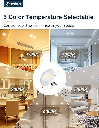 Miniatura 4 de Amico 56 inch 5CCT LED Recessed Lighting 16 Pack, Baffle Trim, Dimmable, IC & Damp Rated, 12.5W100W, 950LM Can Lights, 2700K3000K4000K5000K6000K
