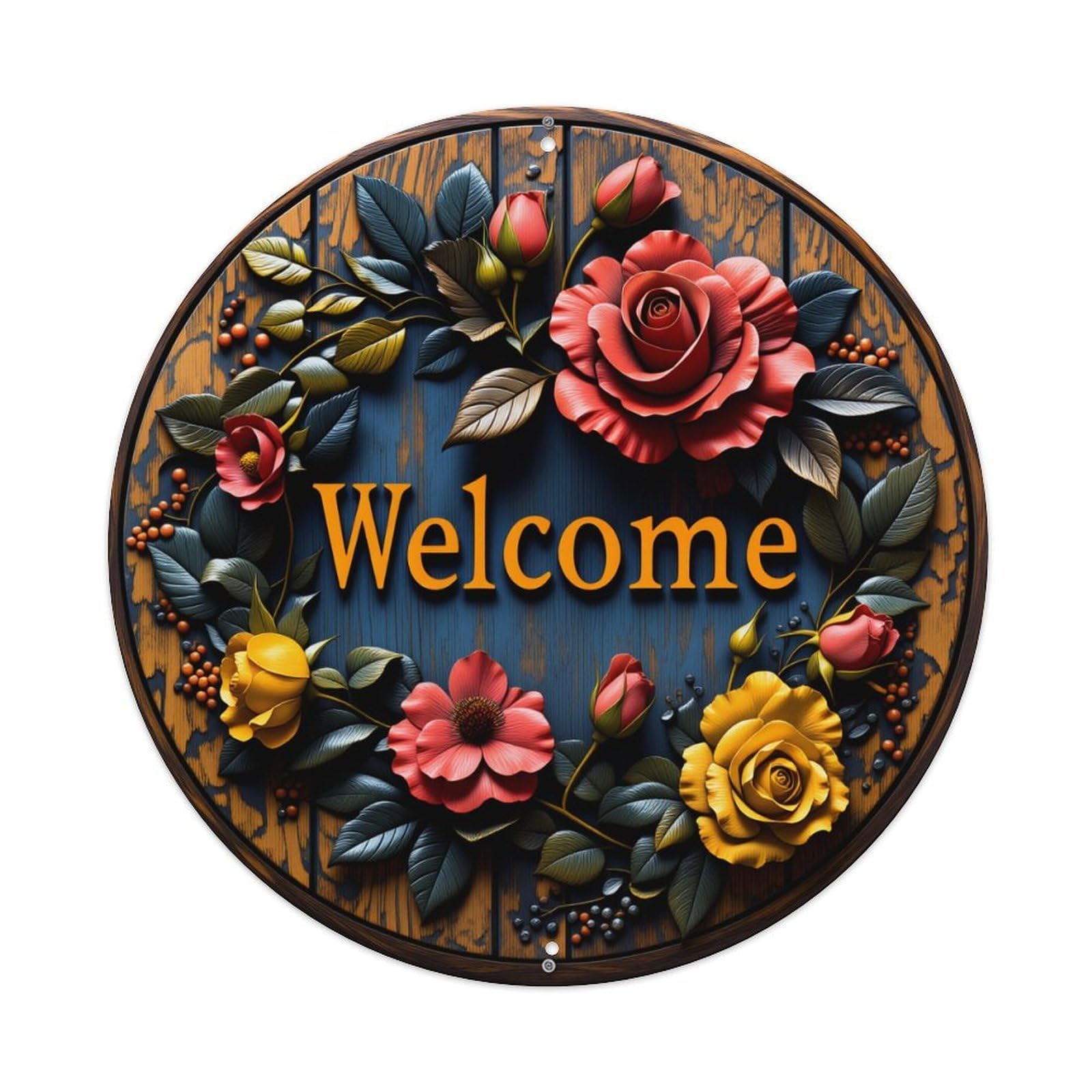Floral Rose Wreath Welcome Sign Pattern Round Vintage Tin Sign,Retro Wall Art,Metal Poster for Home, Bar, Garage, Cafe, Rustic Indoor & Outdoor Decor, 8x8 Inches