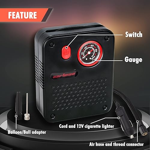 Miniatura 4 de CARTMAN Inflador de neumáticos portátil con compresor de aire, bomba de aire eléctrica con manómetro para neumáticos de automóvil, bicicleta, pelota
