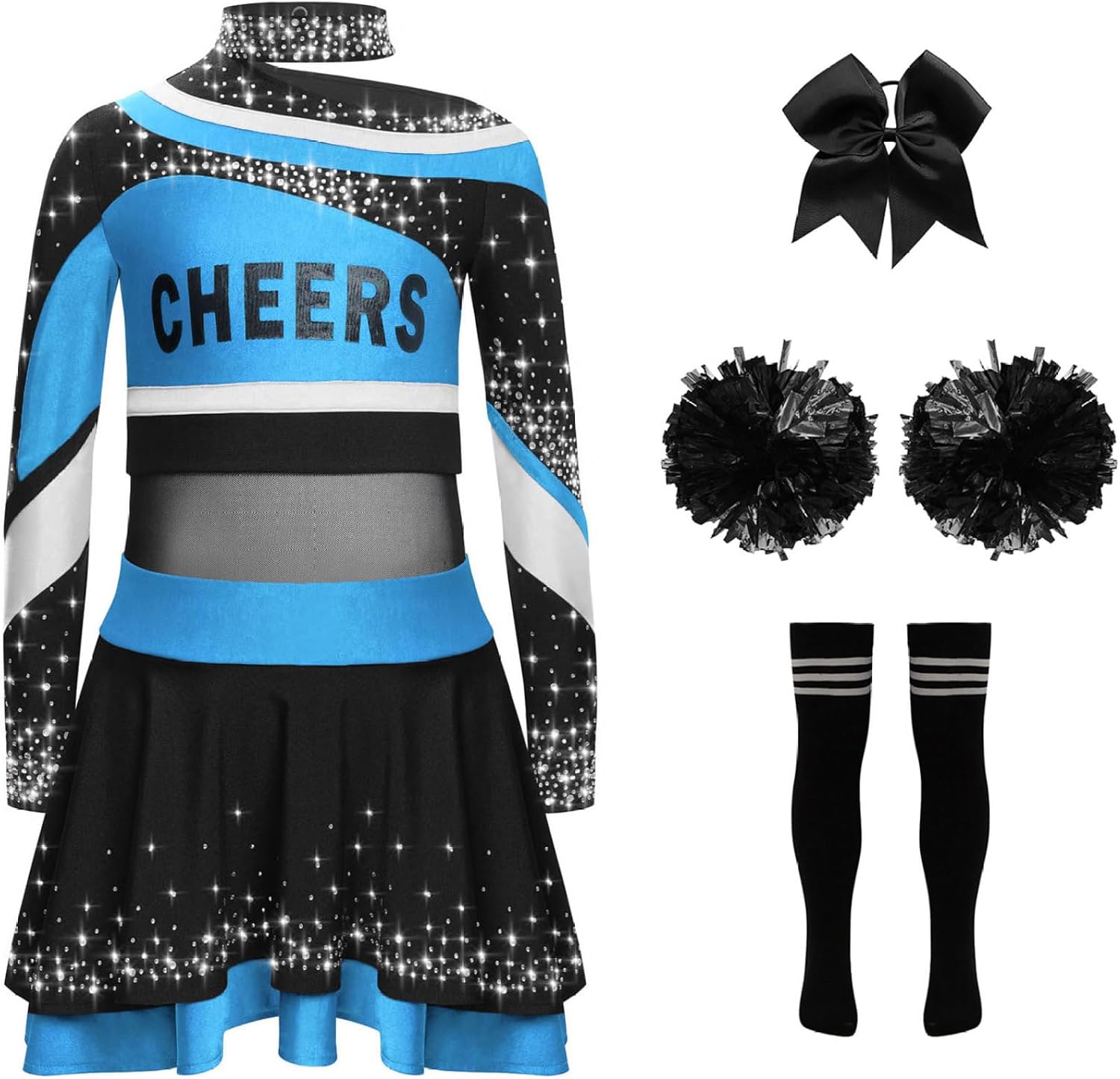 Kids Girls Cheer Leader Uniform Dance Top Skirt Set with Pom Poms Cheerleading Outfit Halloween Cheer Up Light Blue Black 10 Years
