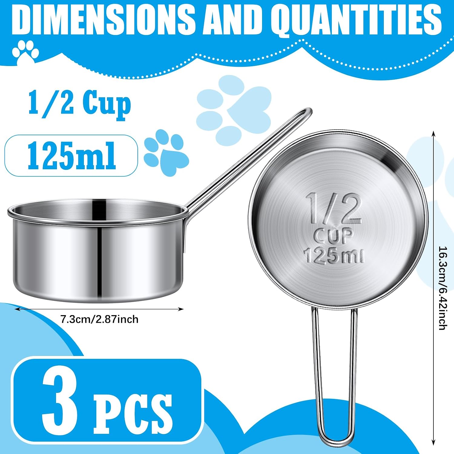 Qinyoung 3 Pack 1/2 Measuring Cups Cat Dog Food Stainless Steel Scoop Cup