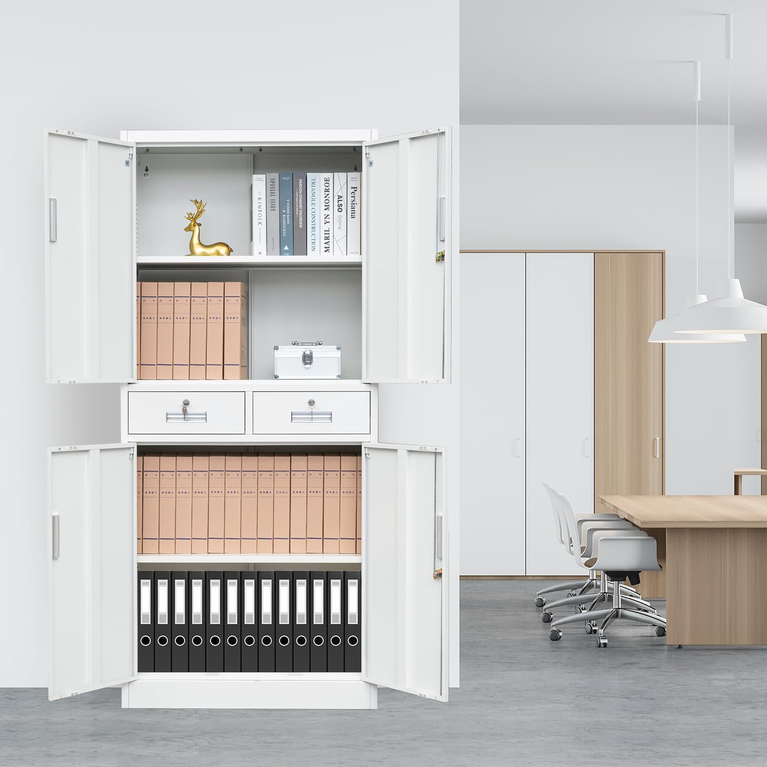 71" H Tall Metal Storage Cabinet with 2 Drawers, Metal Garage Storage Cabinet with Lock and 2 Adjustable Shelves for Home, Office, Garage, Warehouse Organize, White