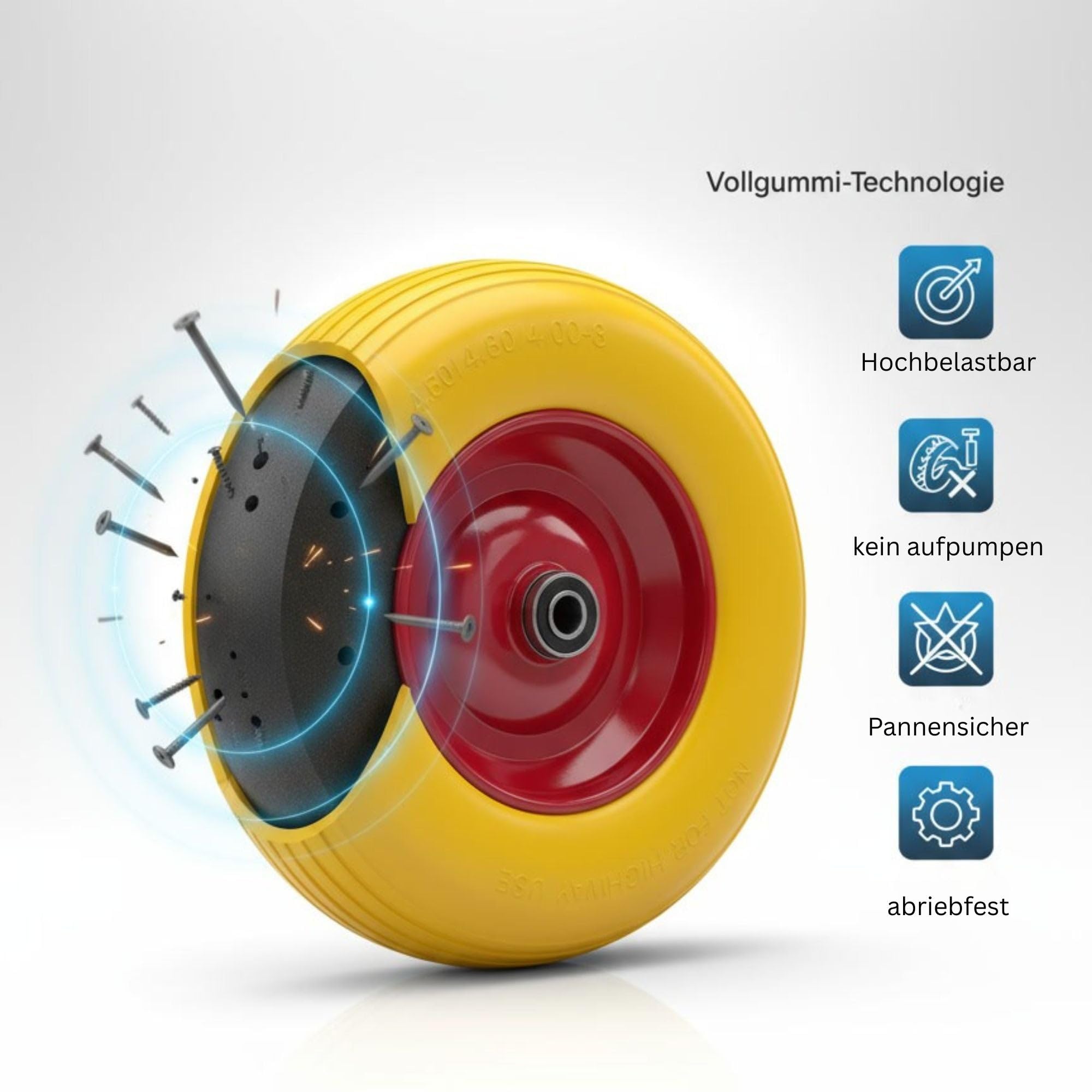 2X PU Schubkarrenrad 4.00-8 pannensicher – Vollgummi-PU Reifen mit Stahlfelge, 180 kg Tragkraft – Ersatzrad Komplettrad für Schubkarre & Handwagen