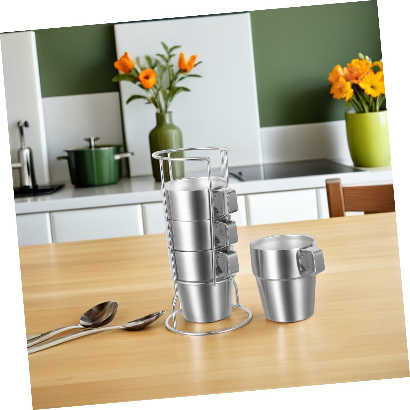 Juego de 4 Tazas Térmicas de Acero Inoxidable 300ml con Asa | Doble Pared, Apilables Rejilla, Plata, para Uso Doméstico y Salidas al Aire Libre