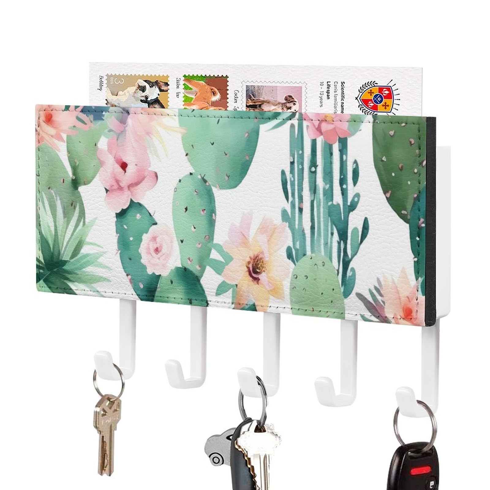 Llavero de cactus para pared con 5 ganchos negros de metal para colgar llaves en el recibidor