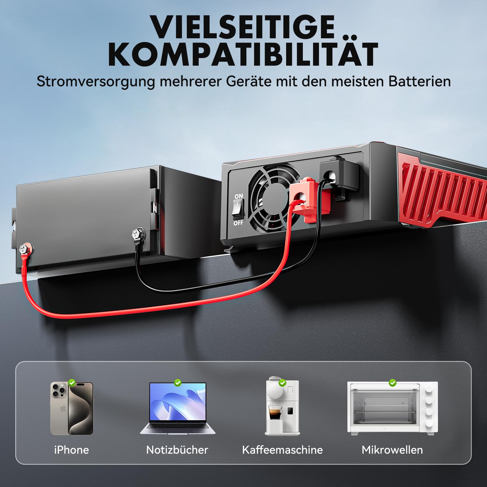 1000W/2000W Reiner Sinus Wechselrichter für 12V & 24V auf 230V, Spitzenleistung 2400W/4600W, Spannungswandler mit LCD Display, Intelligente Schutzfunktionen, 2 EU Steckdosen