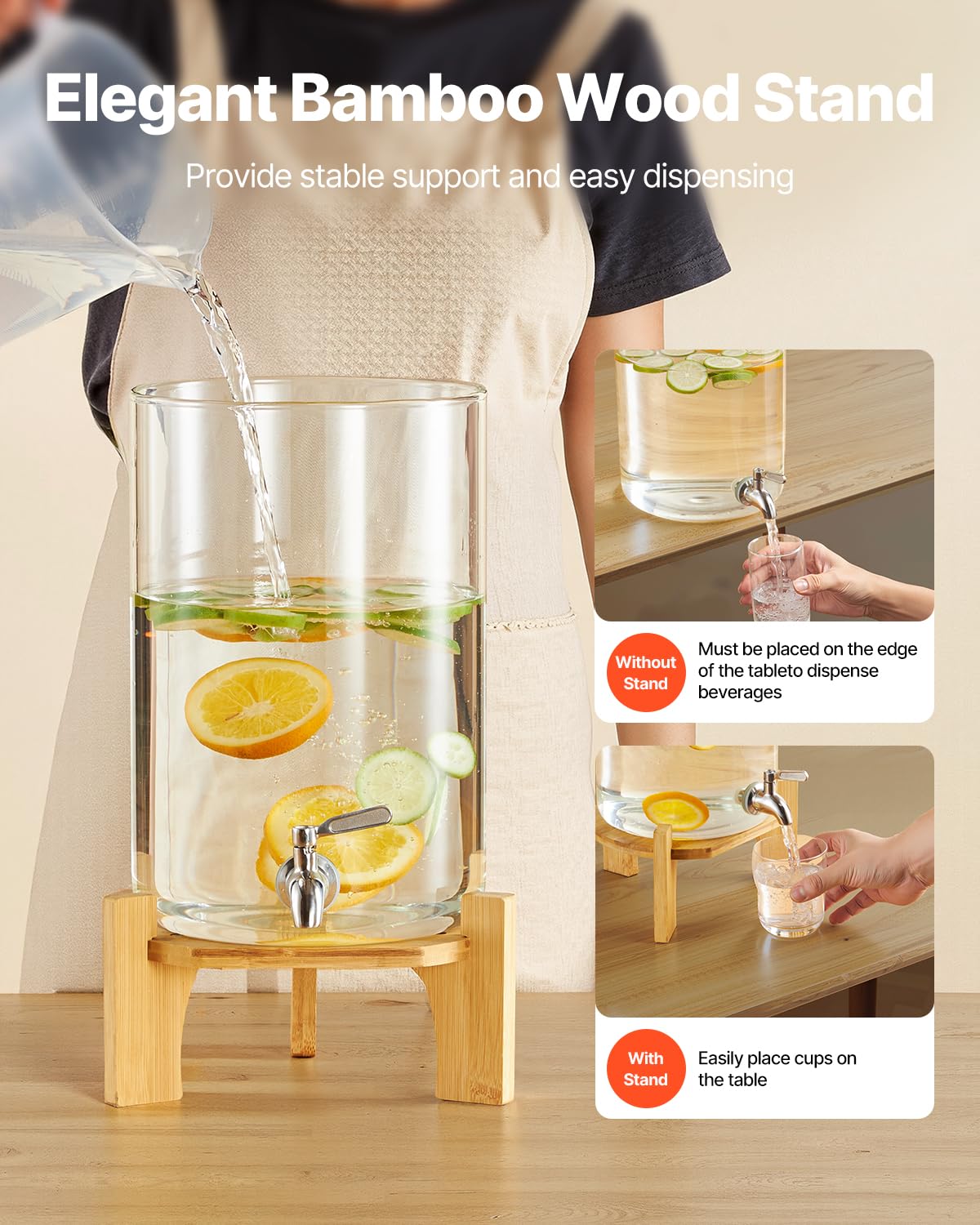 VEVOR Distributore di Bevande 8 L per Feste, Contenitore di Succhi in Vetro con Supporto in Legno con Rubinetto in Acciaio Inox, Distributore di Tè Freddo, Limonata per Ristoranti, Hotel e Feste