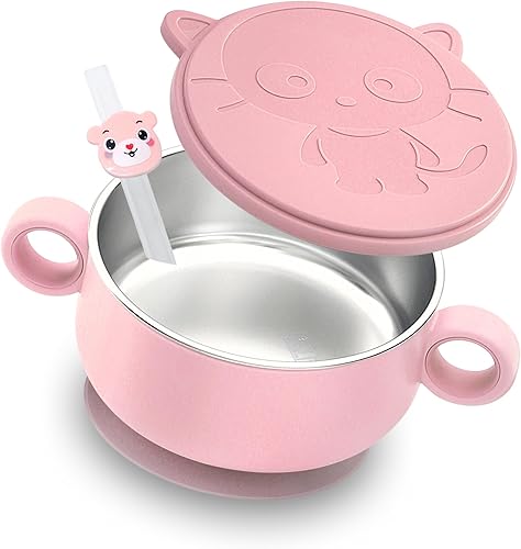 Miniatura 1 de qianliyer Stainless Steel Baby Dinnerware Bowl Set with PP Airtight Lids Non-Slip Silicone Suction Cup Bottom and Fork Nesting Double Layer Snack