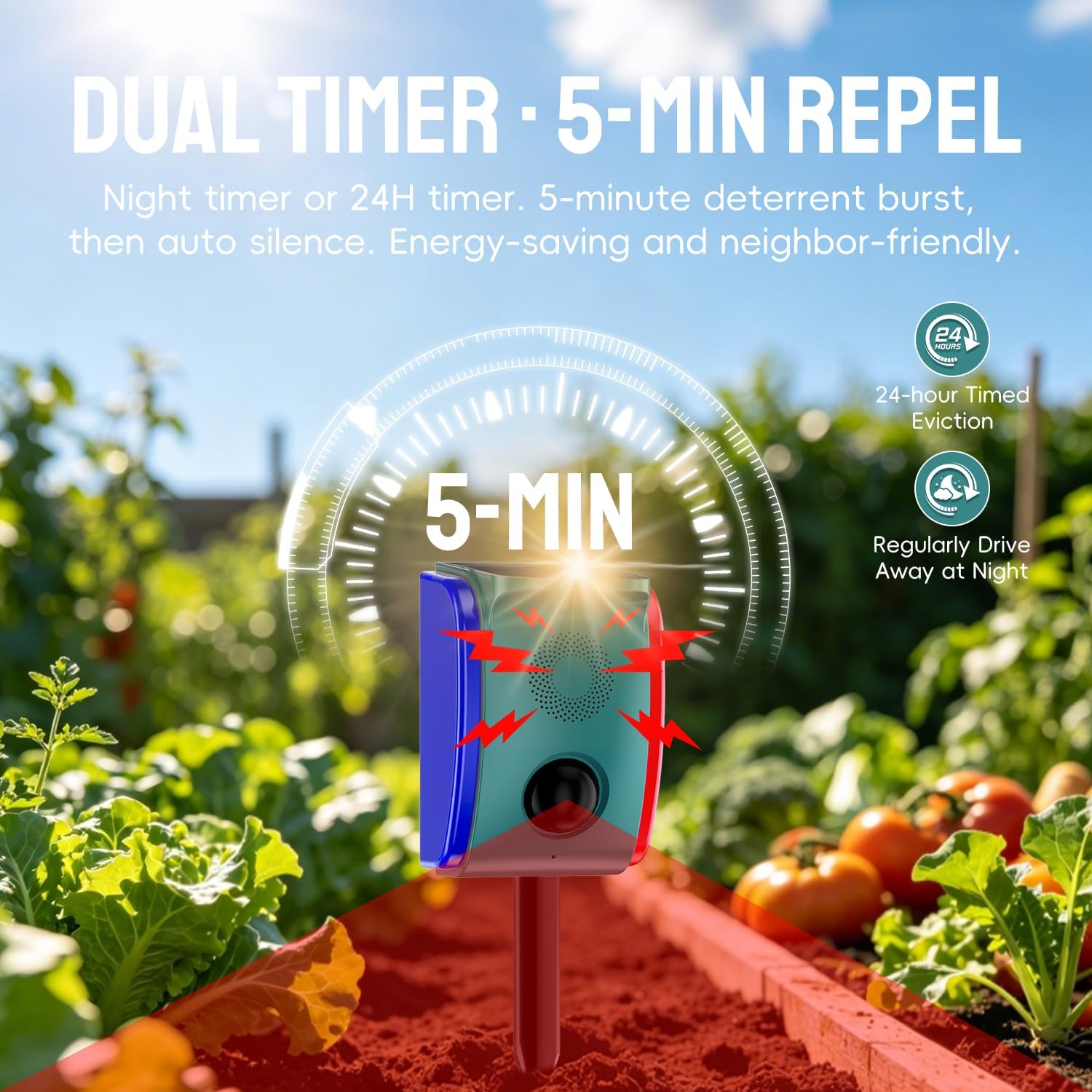 Solar Motion Sensor Alarm Outdoor, 22 Sounds & Custom Recording Security Siren, Dog Barking & Red Blue Strobe Light, 5 Modes Auto Patrol for Yard, Farm, Barn, Orchard