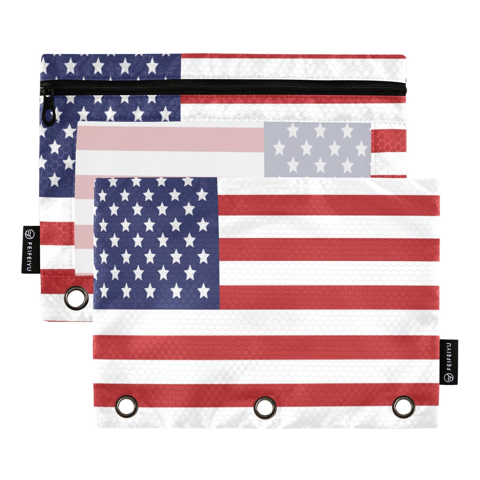 Fisyme American Flag Pencil Pouch for 3 Ring Binder Pencil Case Pencil Bag Zipper Pouches with Clear Window for Office Supplies 2 Pack
