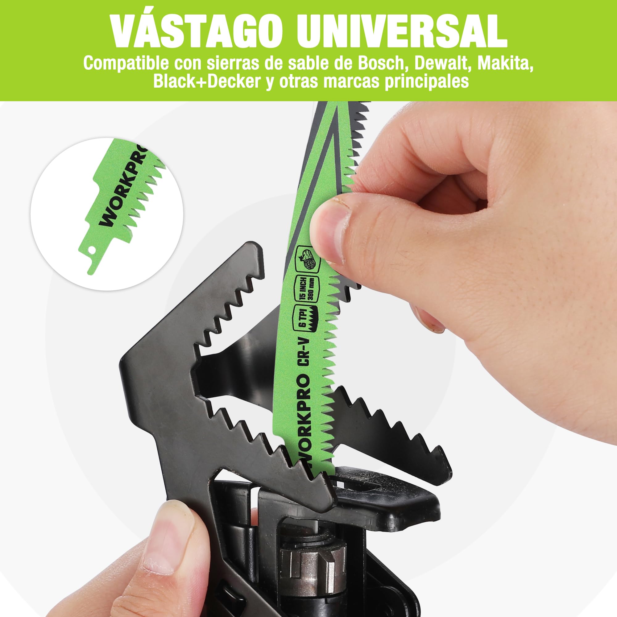 WORKPRO 5-Piezas Hojas de Sierra de Sable, Cuchillas de Sierra de Cr-V para Poda de Madera, Hojas de Sierra para Cortar Ramas, Hojas de 38cm, 6TPI, Compatible con la Mayoría de las Sierras de Sable