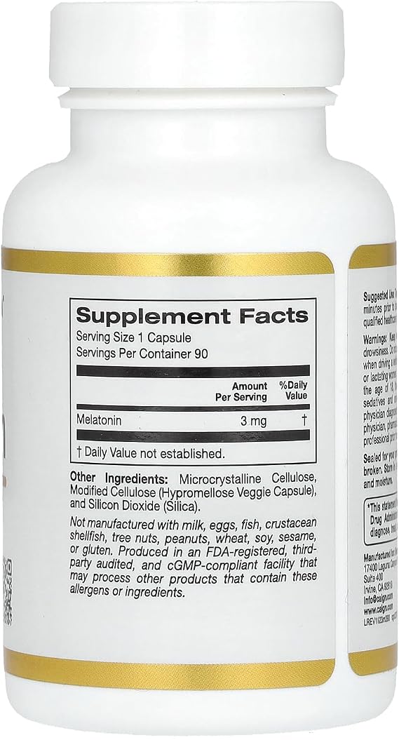 California Gold Nutrition Melatonin, 3 mg, 90 Veggie Capsules, 1 Count (Pack of 1)