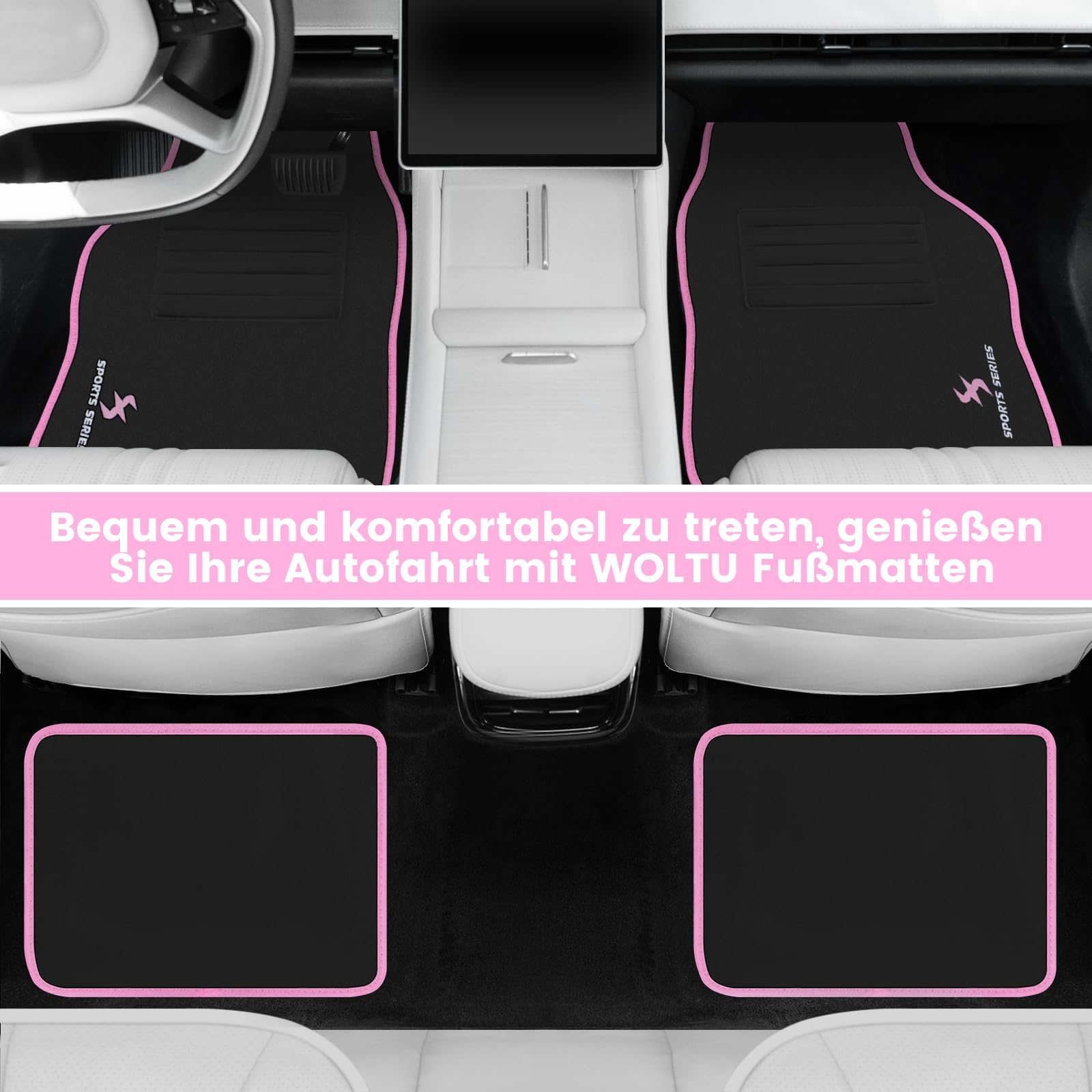 WOLTU Set di 4 Tappetini per Auto Universali Tappetini Antiscivolo per Macchina Protezioni Moquette con Ricamo a Lettera e Bordatura Rosa