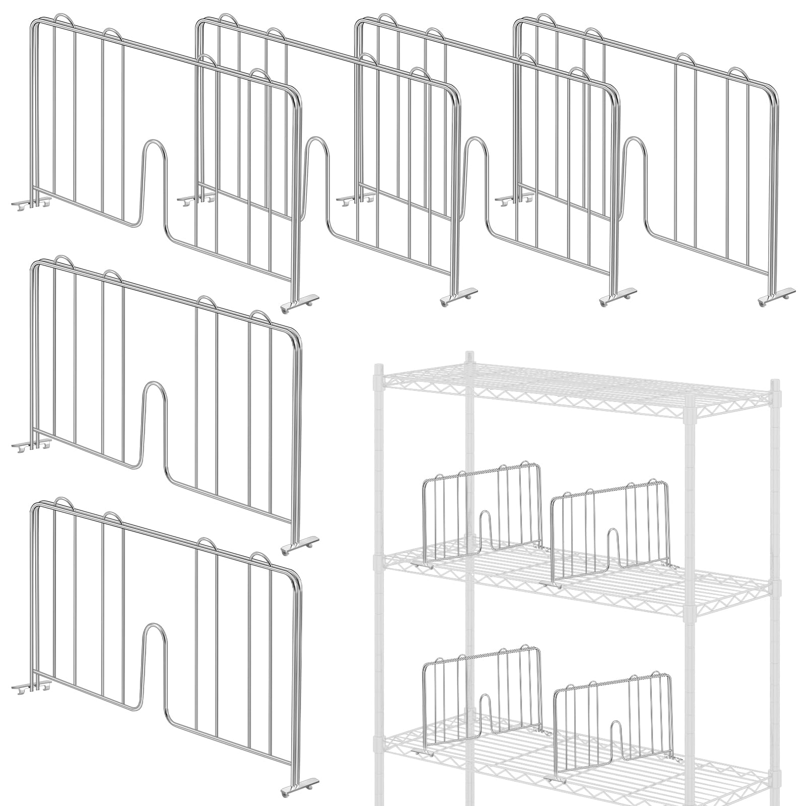 Photo 1 of MorningRo 6 Pcs 14" W x 9" H Wire Shelf Divider Chrome Plated Steel Wire Rack Divider for Shelving Metal Accessories for Bathroom Kitchen Office Pantry Room Storage Organization, Silver