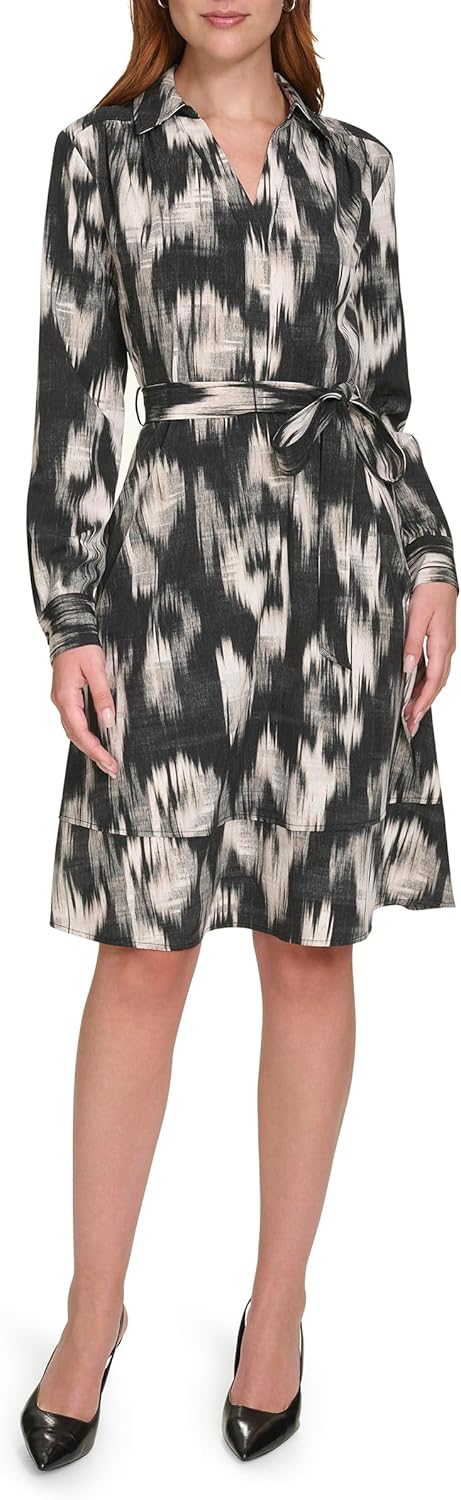 Calvin Klein Womens Long Sleeve Collared Tie Waist Knee Length Shirtdress