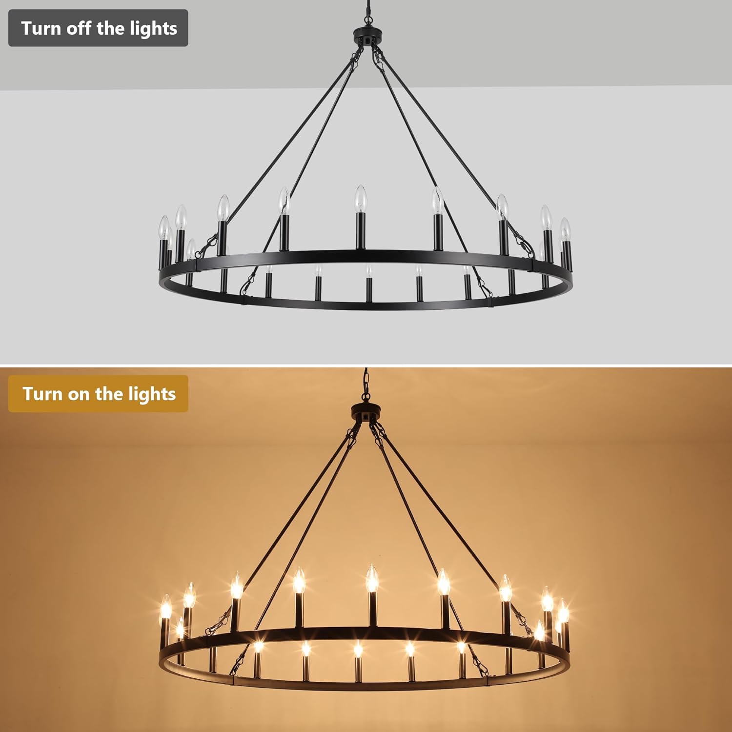 47.2 inches Black Wagon Wheel Chandelier- 20 Light Large Farmhouse Chandelier Industrial Rustic Dining Room Light Fixture Round High Ceiling Pendant Light for Living Room Entryway Foyer