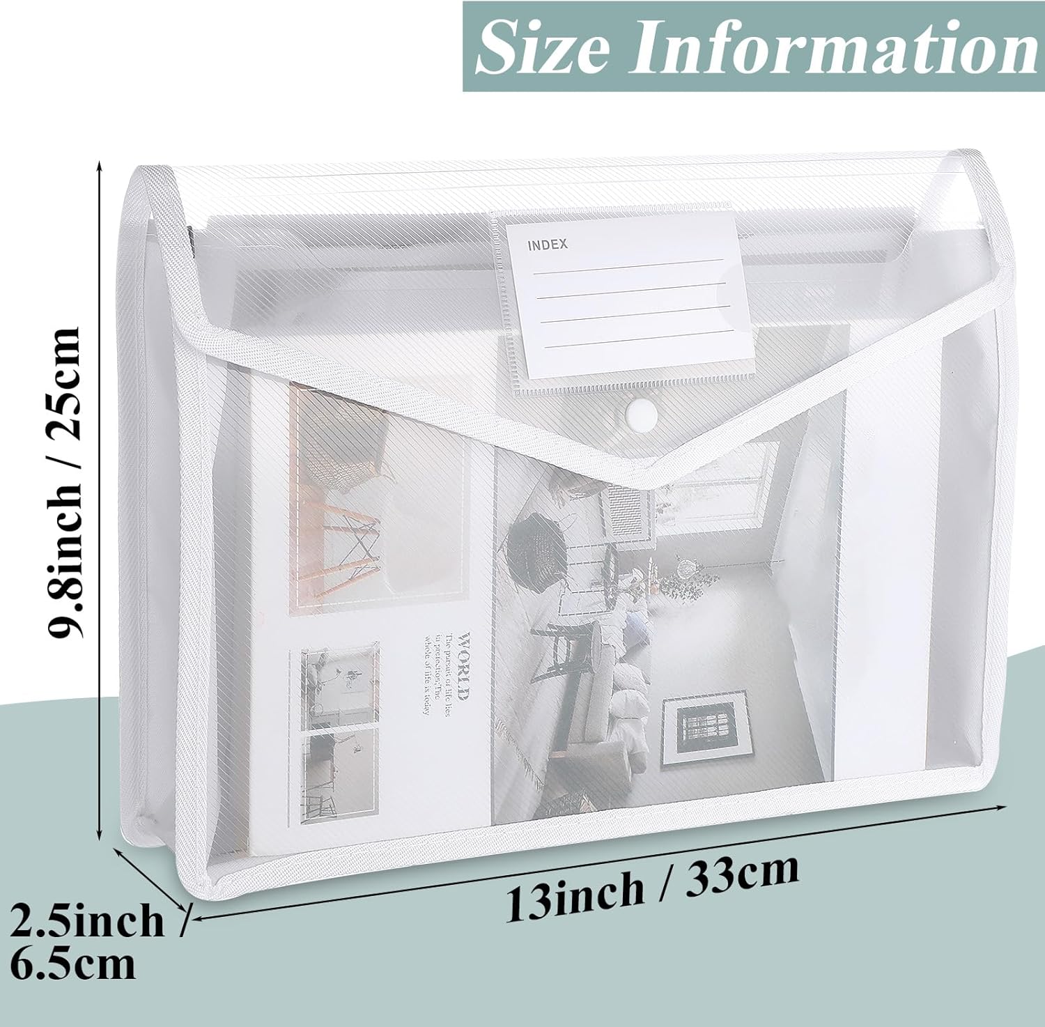 10 Pieces Plastic File Folders Envelope Expanding File Wallet Organizer Documents Folder with Snap Closure and Pocket, A4 Size Waterproof Transparent Pouch(White,Horizontal)