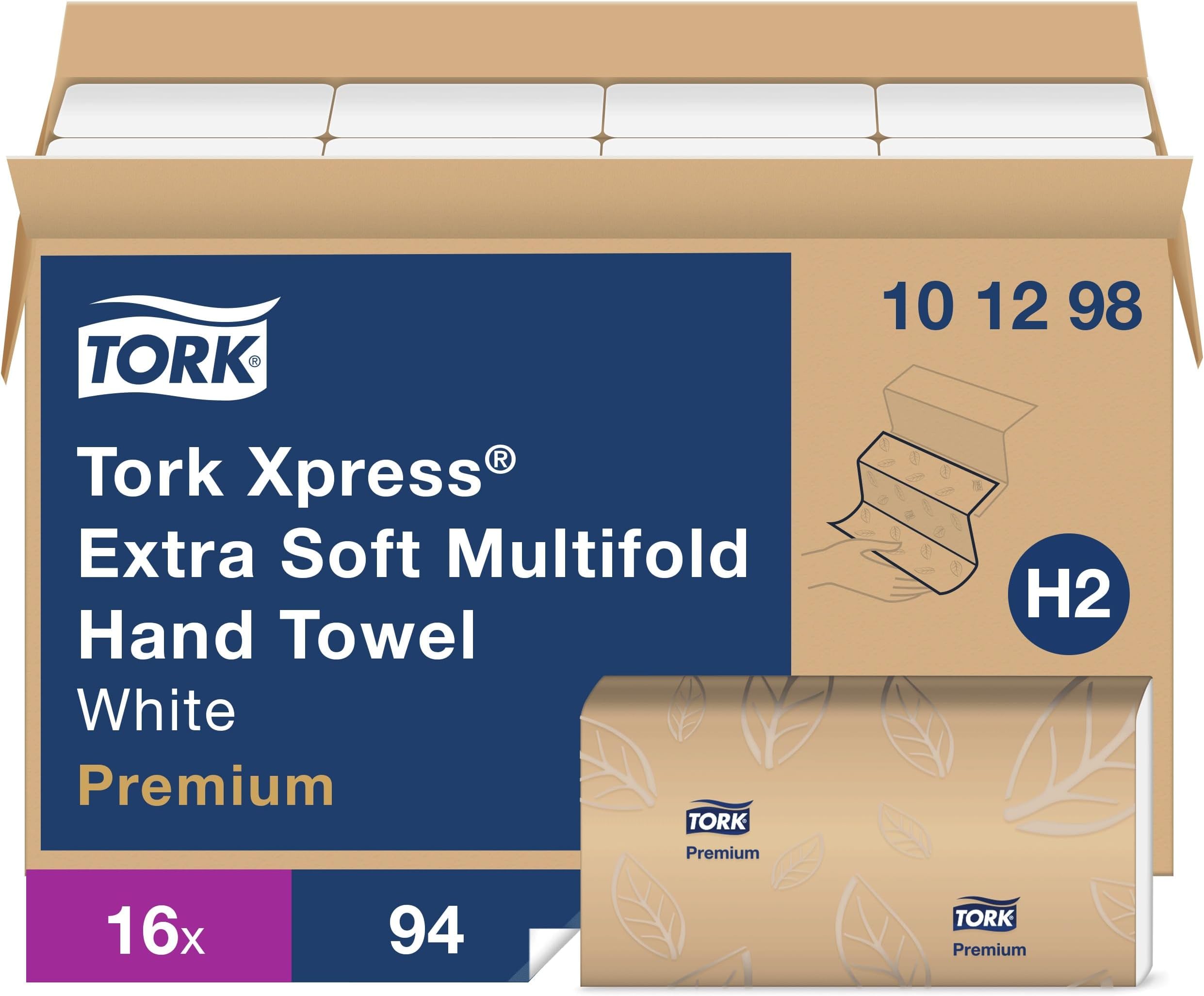 Extra Soft Multifold Hand Towels White with Blue Leaf Print, H2 Dispenser Compatible 16 Packs x 94 Towels (101298)