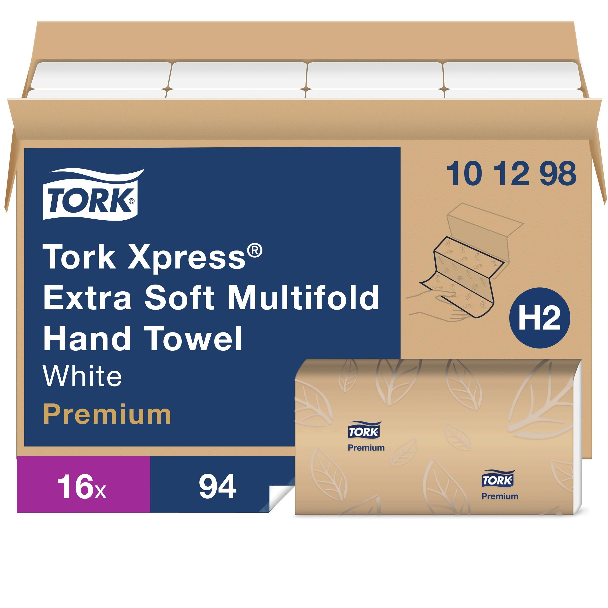 Tork Xpress Extra Soft Multifold Hand Towel White with Blue Leaf H2, Premium, 4-Panel, High Performance, Absorbent, 2-Ply, 16 X 94 Sheets, 101298