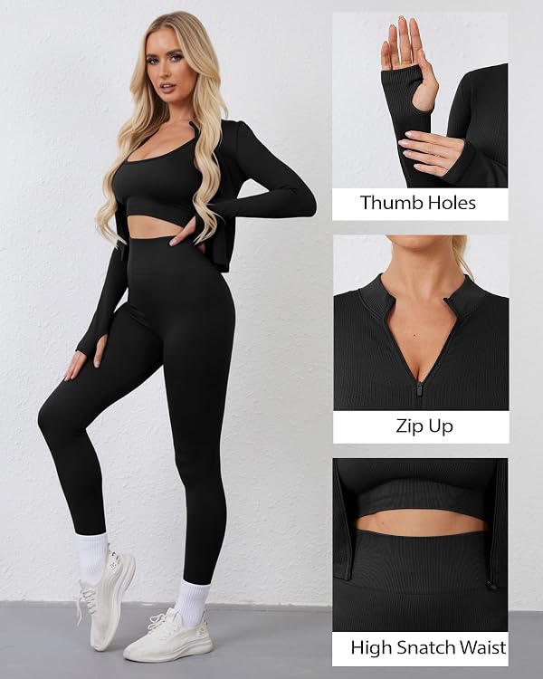 Simlakey Women 3 Piece Seamless Workout Set Sports Bra High Waisted Gym Yoga Leggings Zip Up Jacket with Thumbhole Activewear(Black,Large) by Simlakey - Image 5