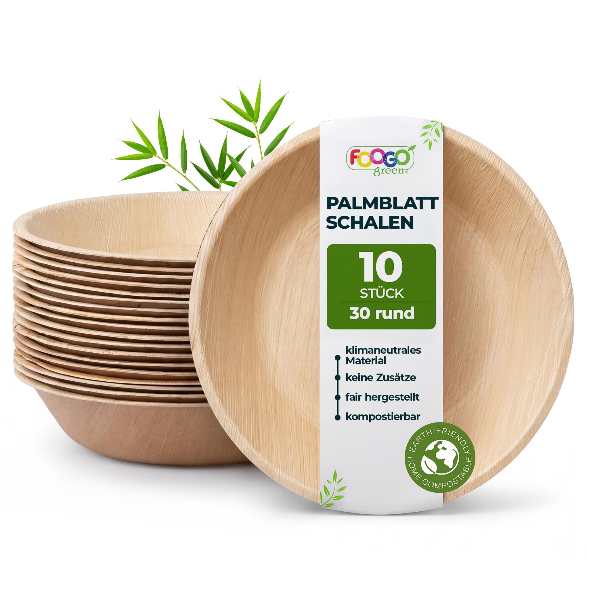 FOOGO Green 10x Palmblatt Schalen rund 2000 ml Ø 30 cm– kompostierbar & naturbelassen – extra stabil & fettresistent – nachhaltiges Einweggeschirr