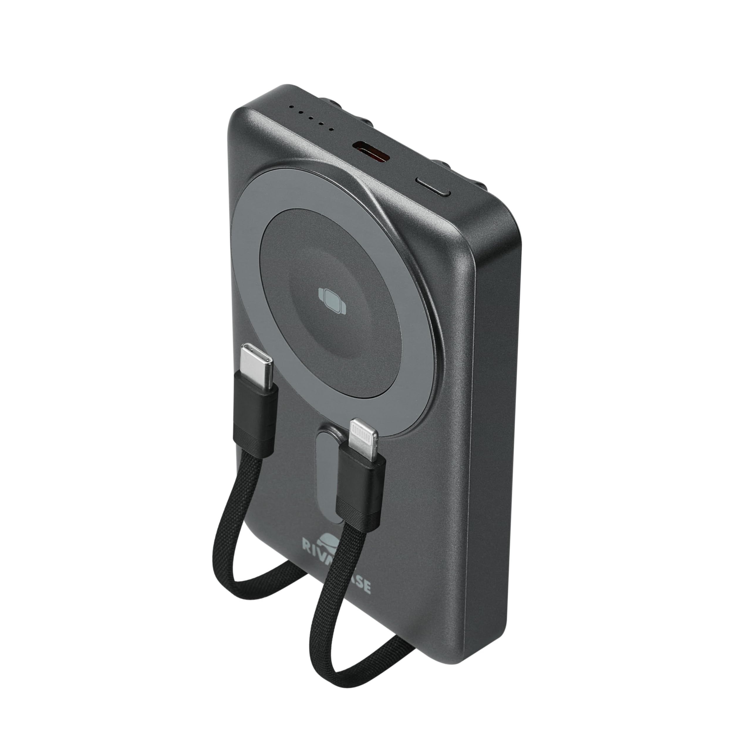 RIVACASE VA2608 - Batería externa Magsafe Qi de 15 W, batería externa con QC/PD 22,5 W, 10000 mAh, función de carga rápida, 2 cables integrados, compatible con iPhone, Apple Watch, Samsung, Xiaomi,