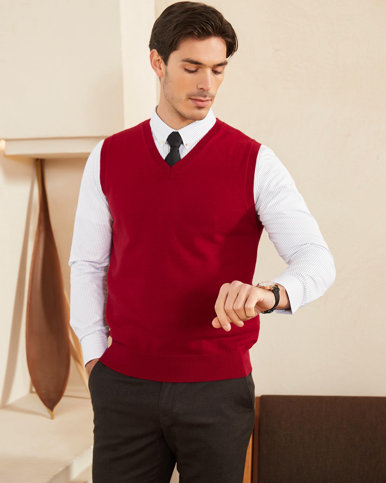 Kallspin Hommes Gilets en Coton sans Manches Col en V Gilets tricotés Pull-Over Relaxed Fit Sweater Vest