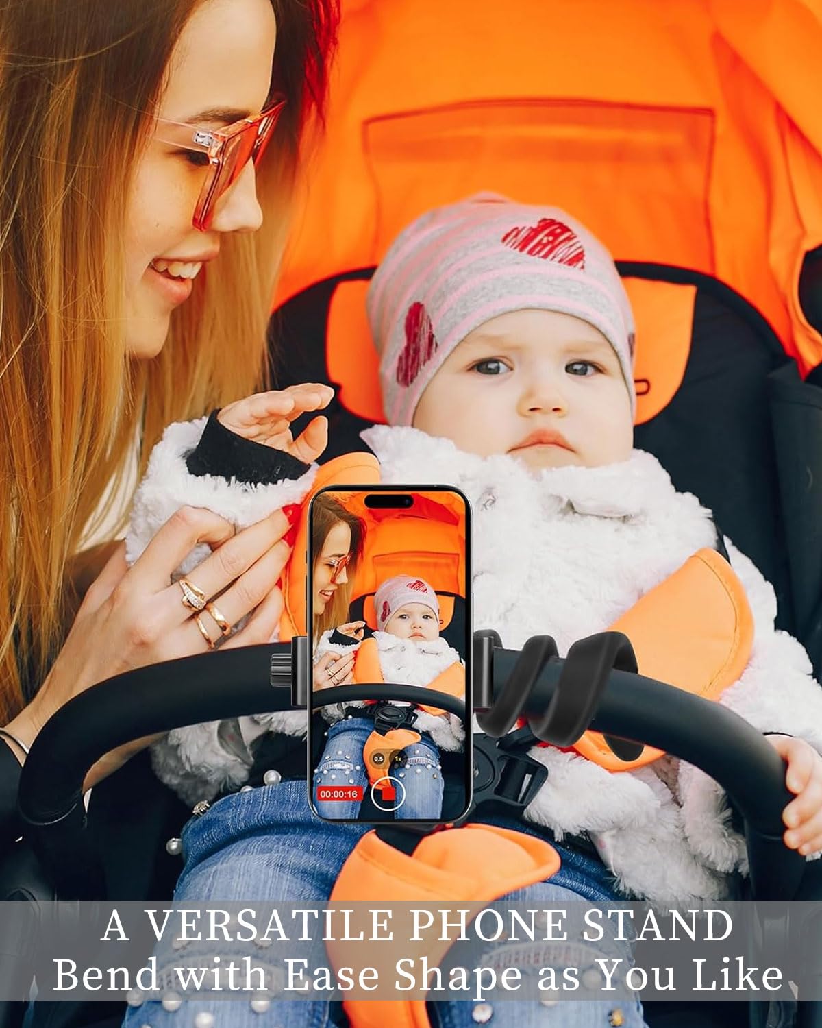 Supporto Cellulare per Passeggino, Flessibile Porta Cellulare per Passeggino con Impugnatura per Braccio Antiscivolo Lega Morbida Morsetto per Telefono per Passeggino Scrivania