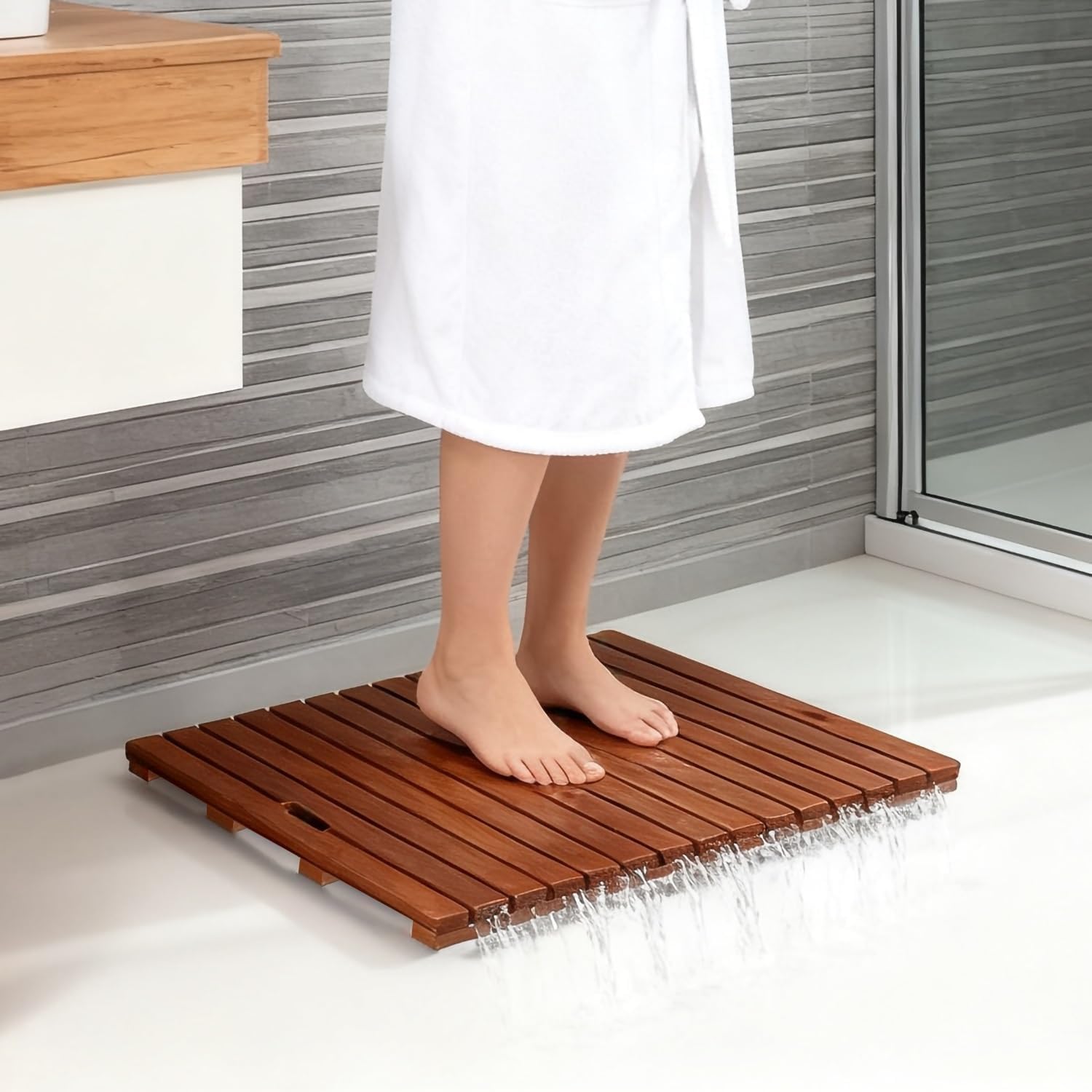Wood Bath Mat, Non-Slip Waterproof Shower Floor Mat, Shower Foot Pedal, for Bathroom, Spa, Bathtub, Pool(40x40cm)