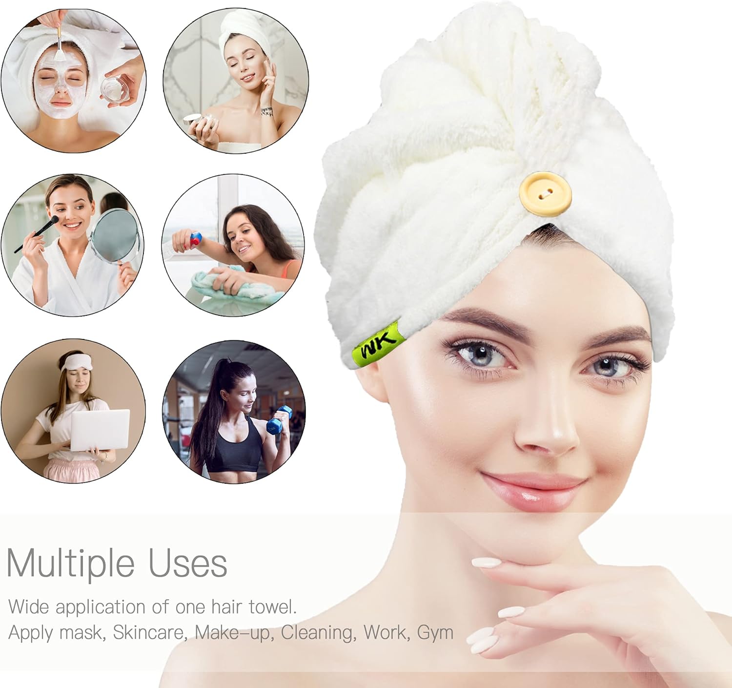 WK Microfiber Hair Drying Towel for Women - Ultra Absorbent Quick Dry Hair Turban, Original Magic Instant Hair Dry Wrap, Hair Care Cap for Bath, 2 Pieces 25 x 10 Inch Box (White & Gray): Kitchen & Dining