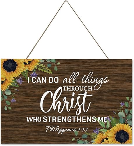 Letrero con texto en inglés "I Can Do All Things Through Christ Who Strengthens Me Philippians 4:13", regalo cristiano, adorno rústico de madera
