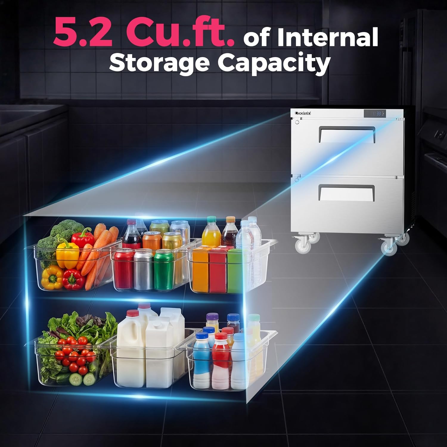Coolski Commercial Worktop Undercounter Refrigerator with Drawers, 27" W 2 Drawers Under Counter Fridge with 6 Pans, 5.2 Cu.ft. Stainless Steel Refrigerator for Restaurant, Bar, Shop, Kitchen Use