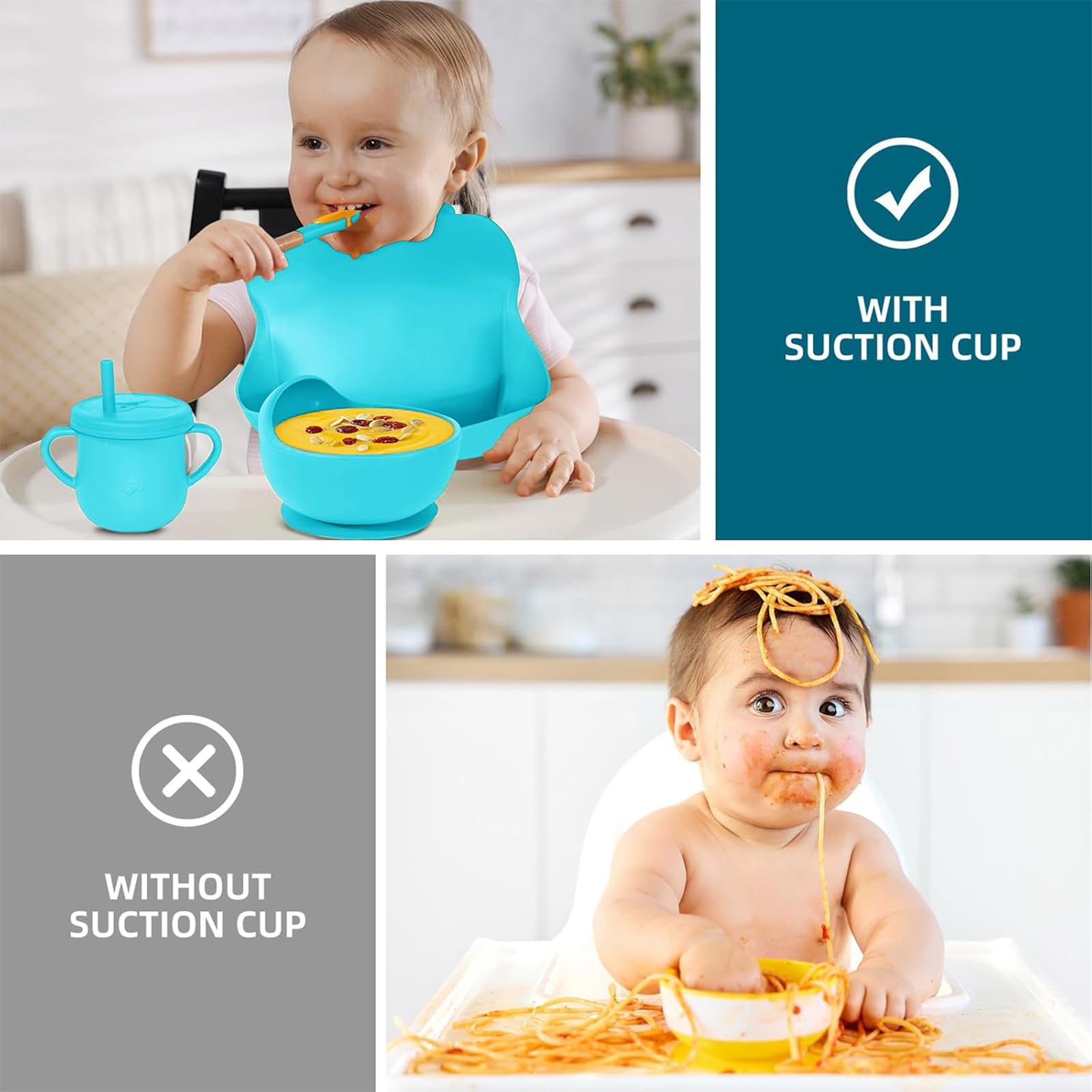 100% Silicone baby feeding set,BPA free Baby dishes set with Suction Bowl Divided Plate,Toddler Self Feeding Dish Set with Spoons Forks Sippy Cup And Bib, Baby Eating Utensils (Cyan Blue)